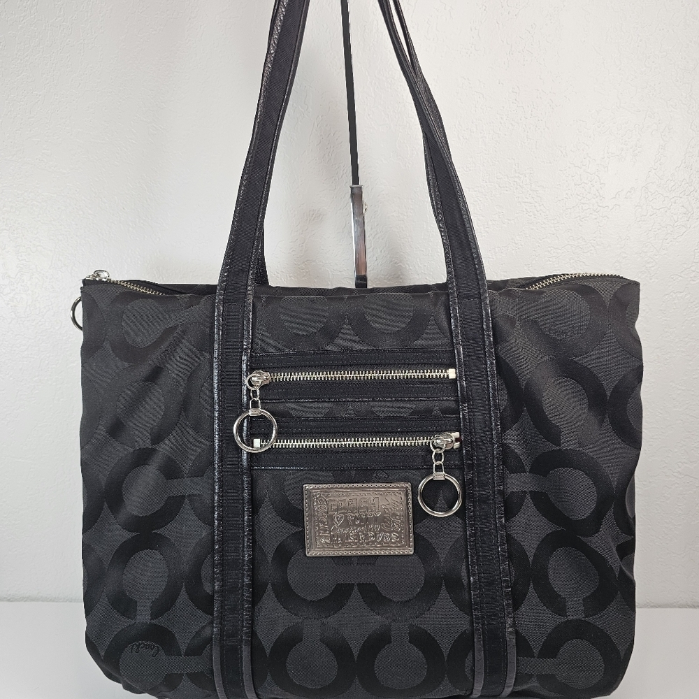 Coach Poppy Pop Art Glam Zip Top Tote (Black 'C' Monogram with Red Interior)